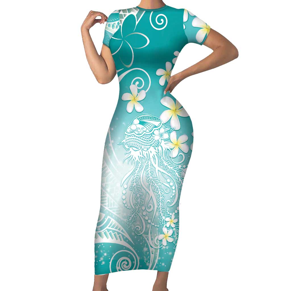 Polynesian Jellyfish Short Sleeve Bodycon Dress With Plumeria Teal