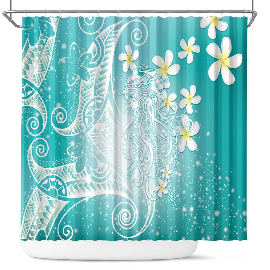 Polynesian Jellyfish Shower Curtain With Plumeria Teal