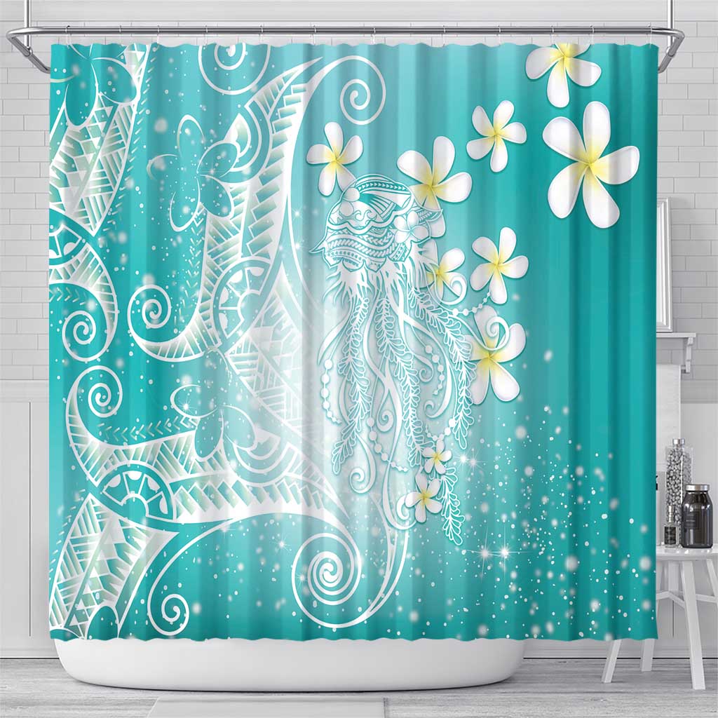 Polynesian Jellyfish Shower Curtain With Plumeria Teal