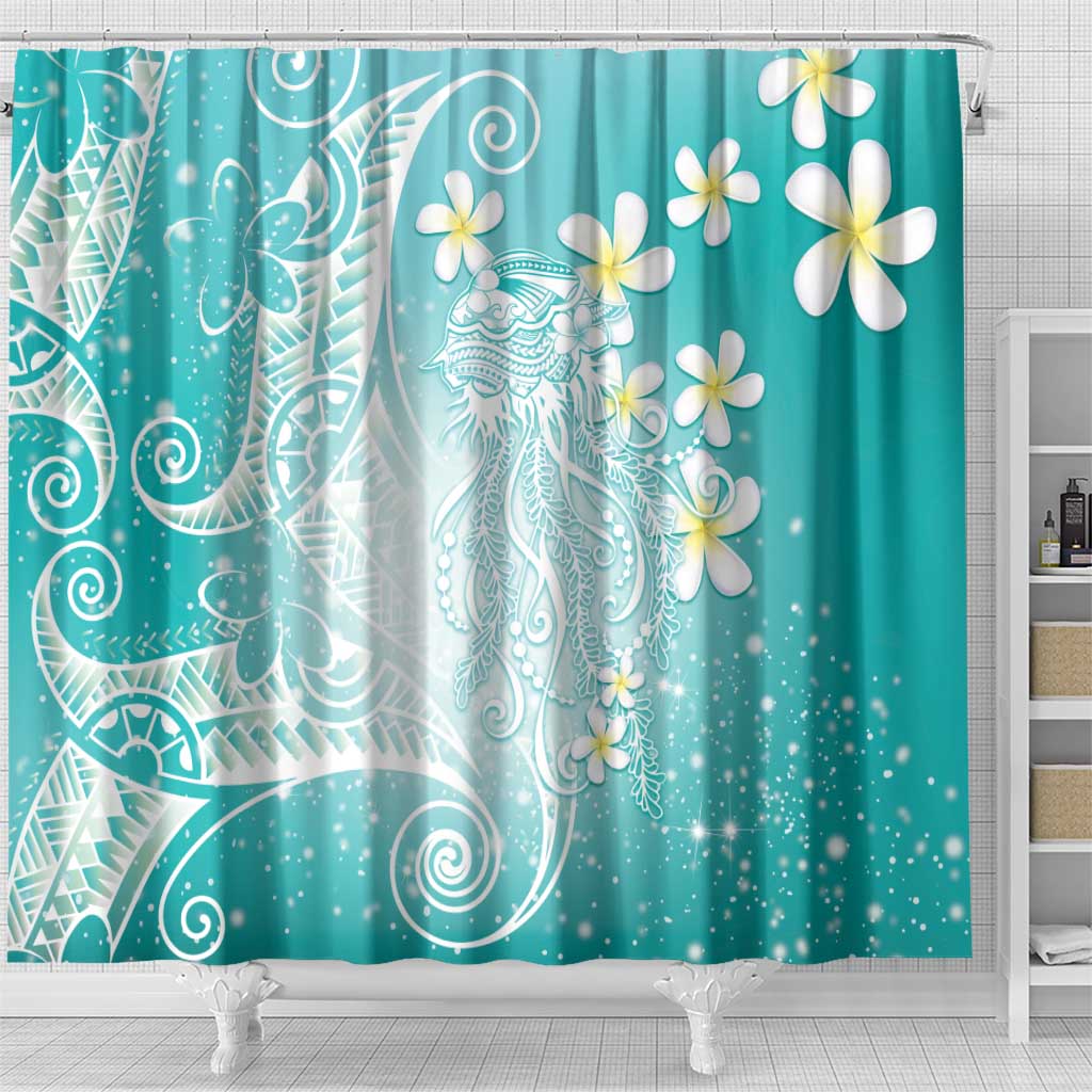 Polynesian Jellyfish Shower Curtain With Plumeria Teal