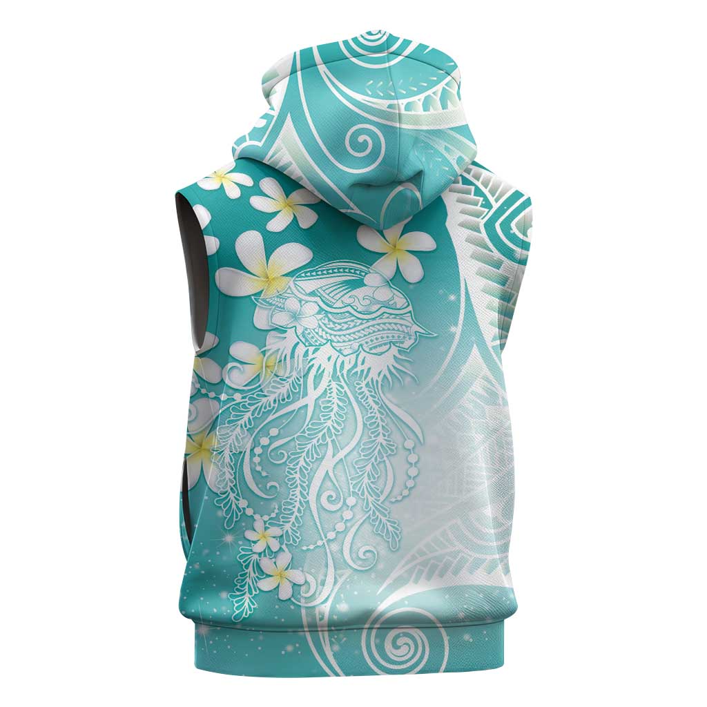 Polynesian Jellyfish Sleeveless Hoodie With Plumeria Teal