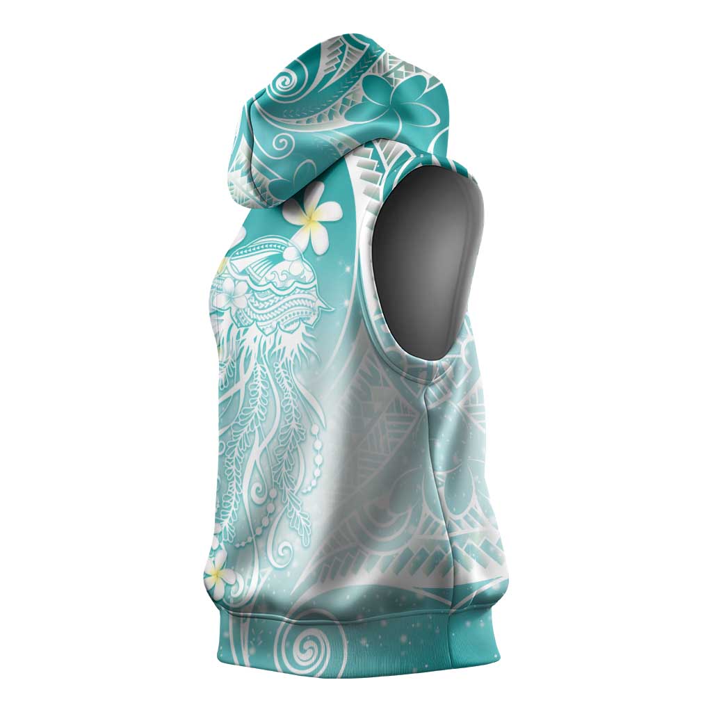 Polynesian Jellyfish Sleeveless Hoodie With Plumeria Teal