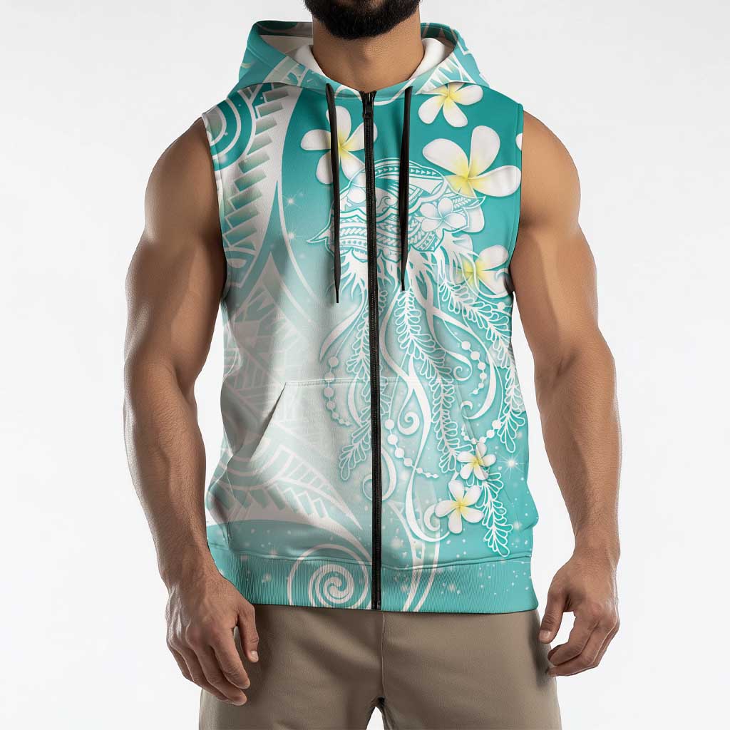 Polynesian Jellyfish Sleeveless Zip Hoodie With Plumeria Teal