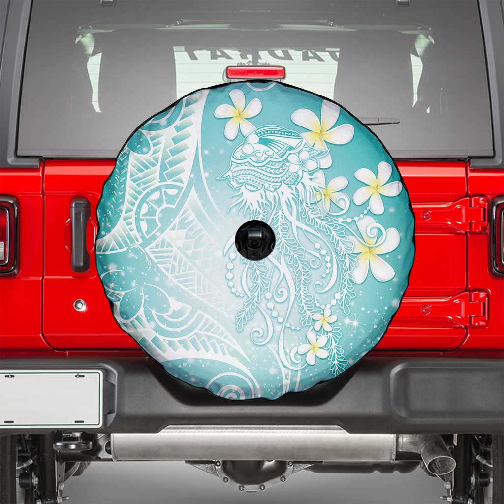 Polynesian Jellyfish Spare Tire Cover With Plumeria Teal