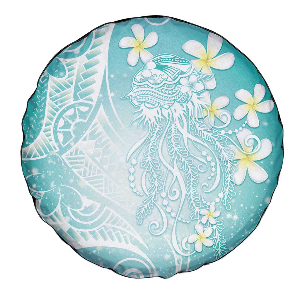 Polynesian Jellyfish Spare Tire Cover With Plumeria Teal