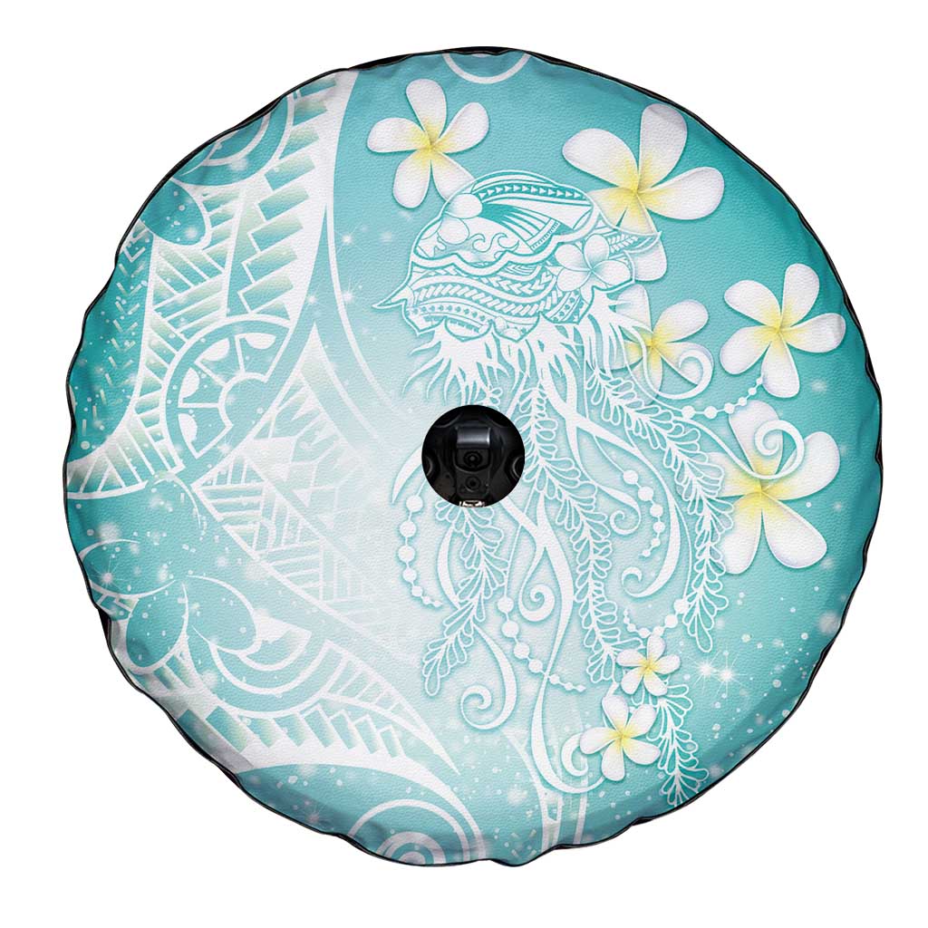 Polynesian Jellyfish Spare Tire Cover With Plumeria Teal