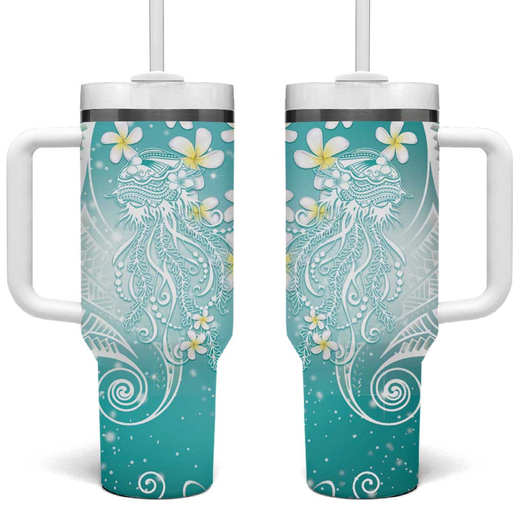 Polynesian Jellyfish Tumbler With Handle With Plumeria Teal LT05 One Size: 40 oz Teal - Polynesian Pride