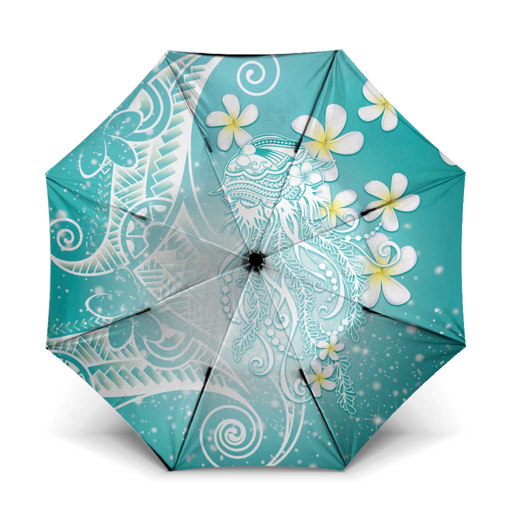 Polynesian Jellyfish Umbrella With Plumeria Teal