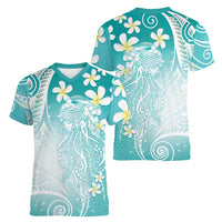 Polynesian Jellyfish Women V-Neck T-Shirt With Plumeria Teal