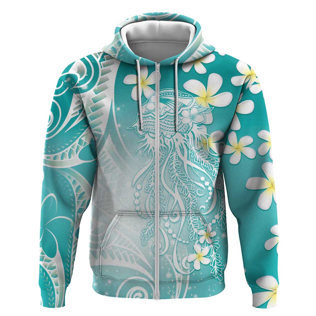 Polynesian Jellyfish Zip Hoodie With Plumeria Teal