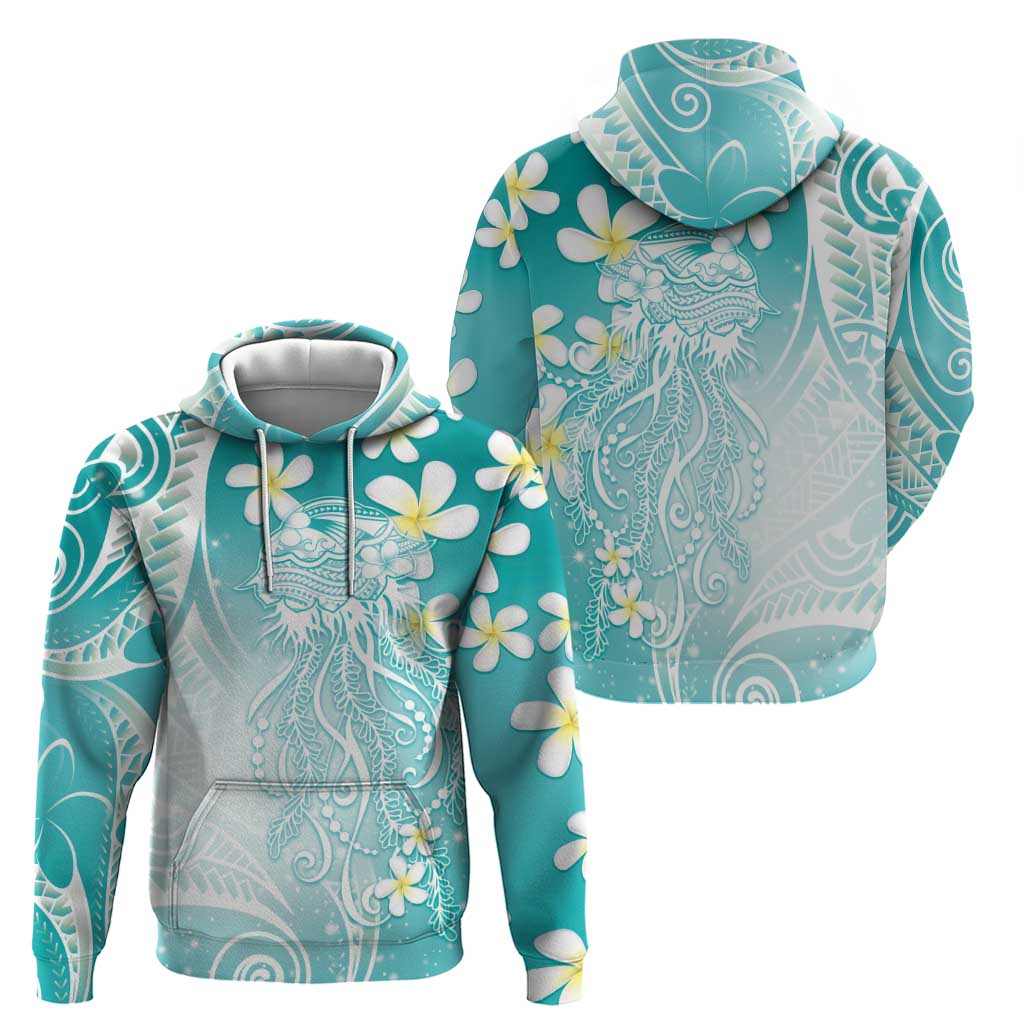 Polynesian Jellyfish Zip Hoodie With Plumeria Teal