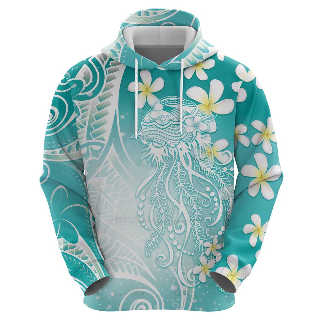 Polynesian Jellyfish Zip Hoodie With Plumeria Teal