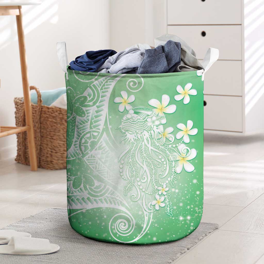 Polynesian Jellyfish Laundry Basket With Plumeria Green