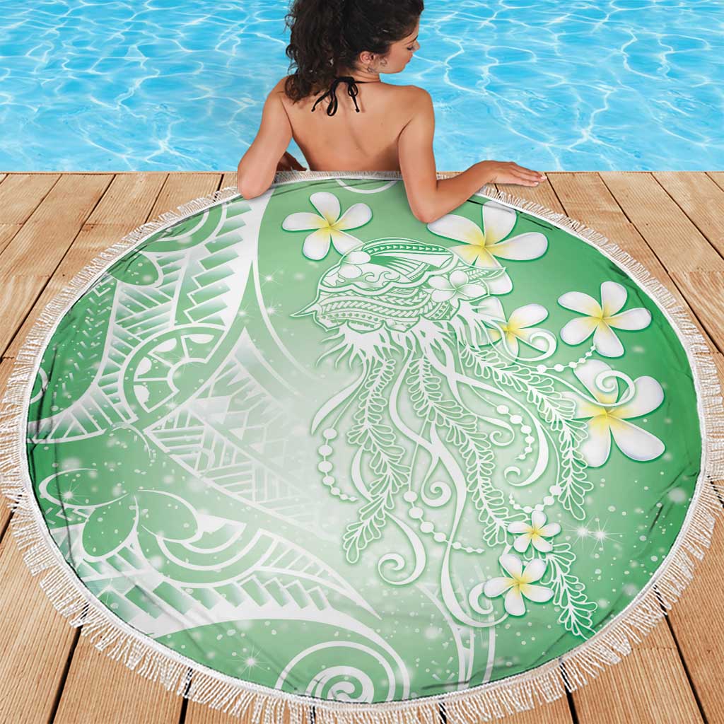 Polynesian Jellyfish Beach Blanket With Plumeria Green