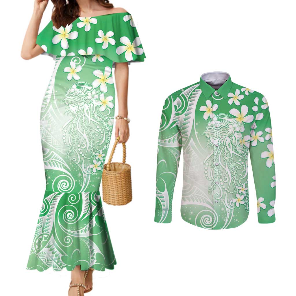 Polynesian Jellyfish Couples Matching Mermaid Dress and Long Sleeve Button Shirt With Plumeria Green