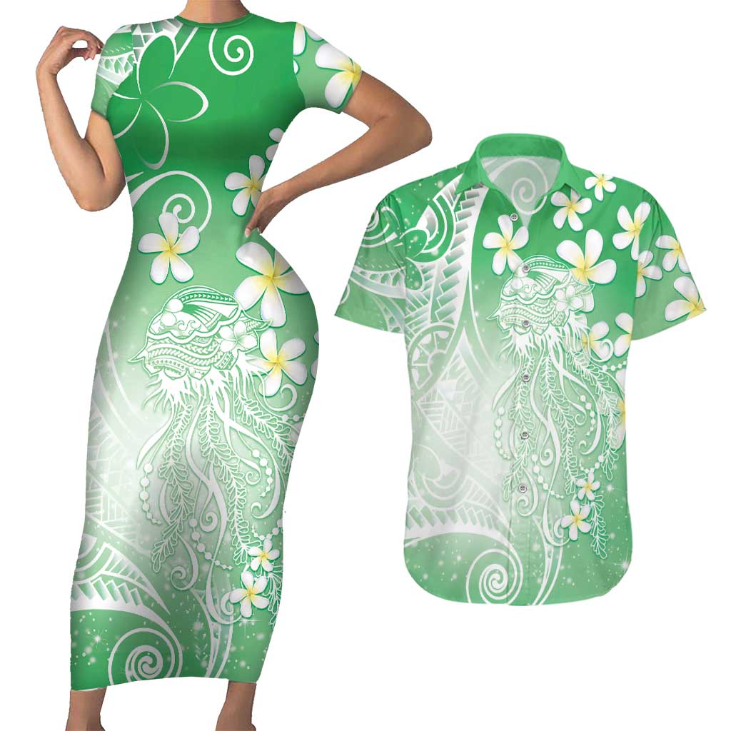 Polynesian Jellyfish Couples Matching Short Sleeve Bodycon Dress and Hawaiian Shirt With Plumeria Green