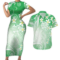 Polynesian Jellyfish Couples Matching Short Sleeve Bodycon Dress and Hawaiian Shirt With Plumeria Green