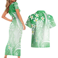Polynesian Jellyfish Couples Matching Short Sleeve Bodycon Dress and Hawaiian Shirt With Plumeria Green