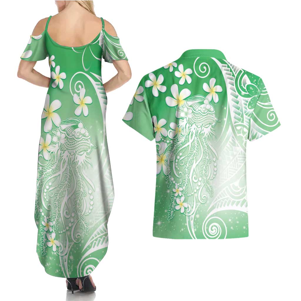 Polynesian Jellyfish Couples Matching Summer Maxi Dress and Hawaiian Shirt With Plumeria Green