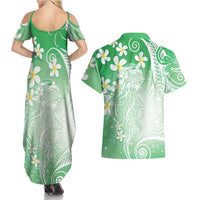 Polynesian Jellyfish Couples Matching Summer Maxi Dress and Hawaiian Shirt With Plumeria Green