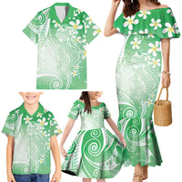 Polynesian Jellyfish Family Matching Mermaid Dress and Hawaiian Shirt With Plumeria Green