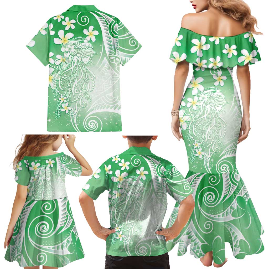 Polynesian Jellyfish Family Matching Mermaid Dress and Hawaiian Shirt With Plumeria Green