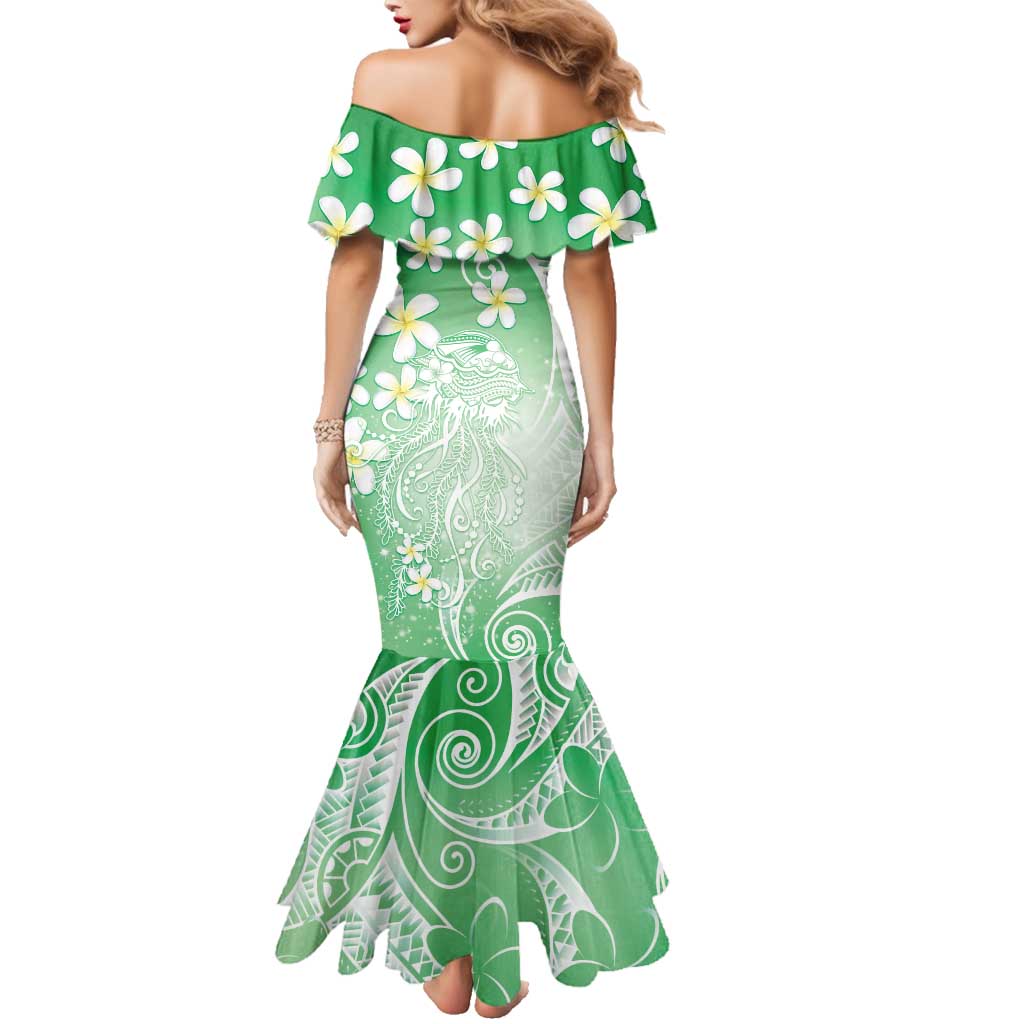 Polynesian Jellyfish Family Matching Mermaid Dress and Hawaiian Shirt With Plumeria Green