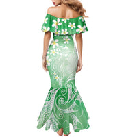 Polynesian Jellyfish Family Matching Mermaid Dress and Hawaiian Shirt With Plumeria Green