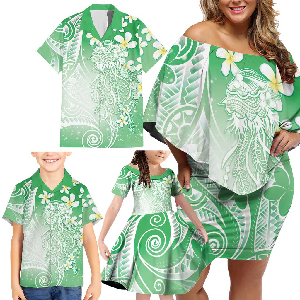 Polynesian Jellyfish Family Matching Off Shoulder Short Dress and Hawaiian Shirt With Plumeria Green LT05 - Polynesian Pride