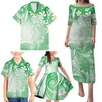 Polynesian Jellyfish Family Matching Puletasi and Hawaiian Shirt With Plumeria Green