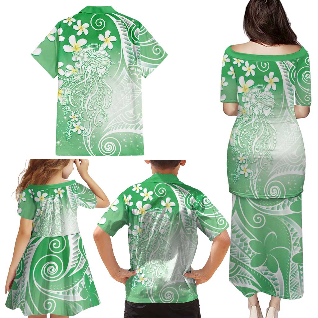 Polynesian Jellyfish Family Matching Puletasi and Hawaiian Shirt With Plumeria Green