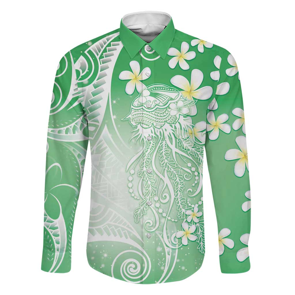 Polynesian Jellyfish Family Matching Puletasi and Hawaiian Shirt With Plumeria Green