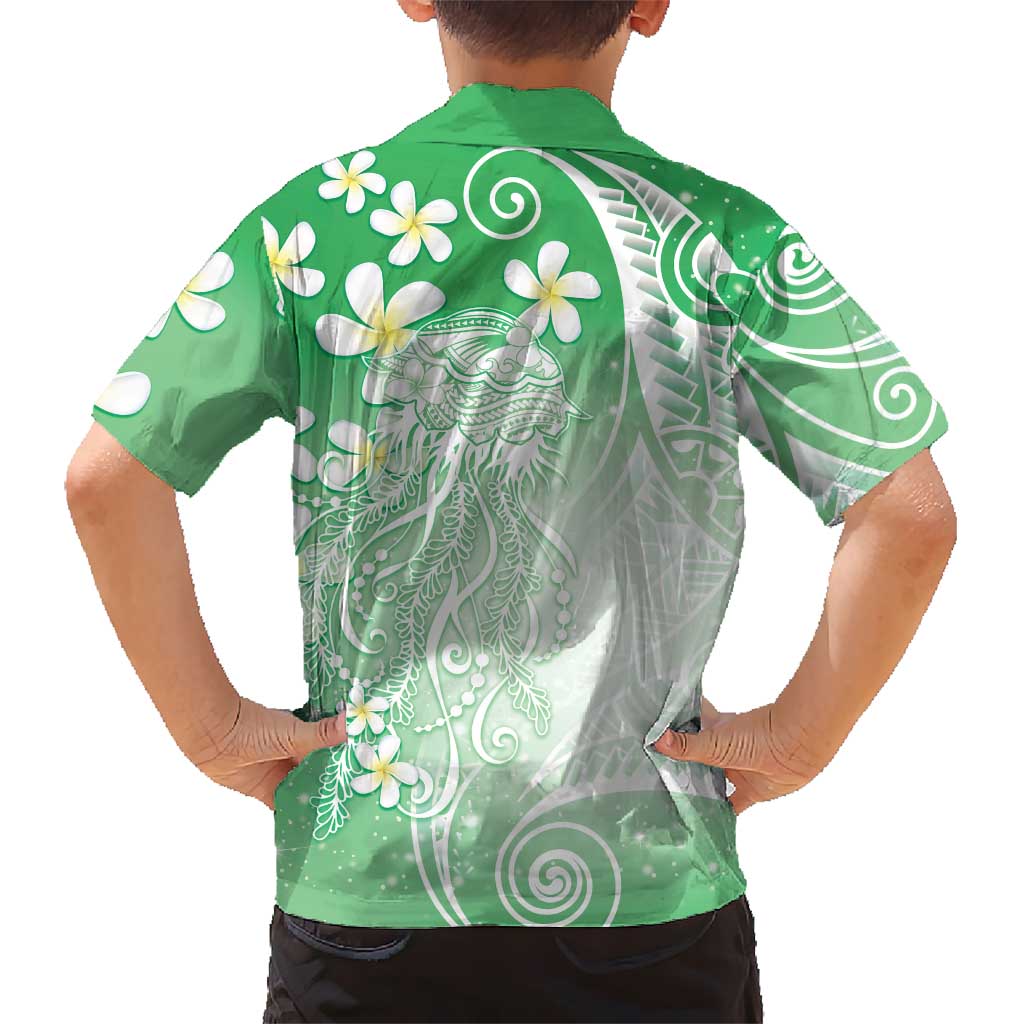 Polynesian Jellyfish Family Matching Short Sleeve Bodycon Dress and Hawaiian Shirt With Plumeria Green