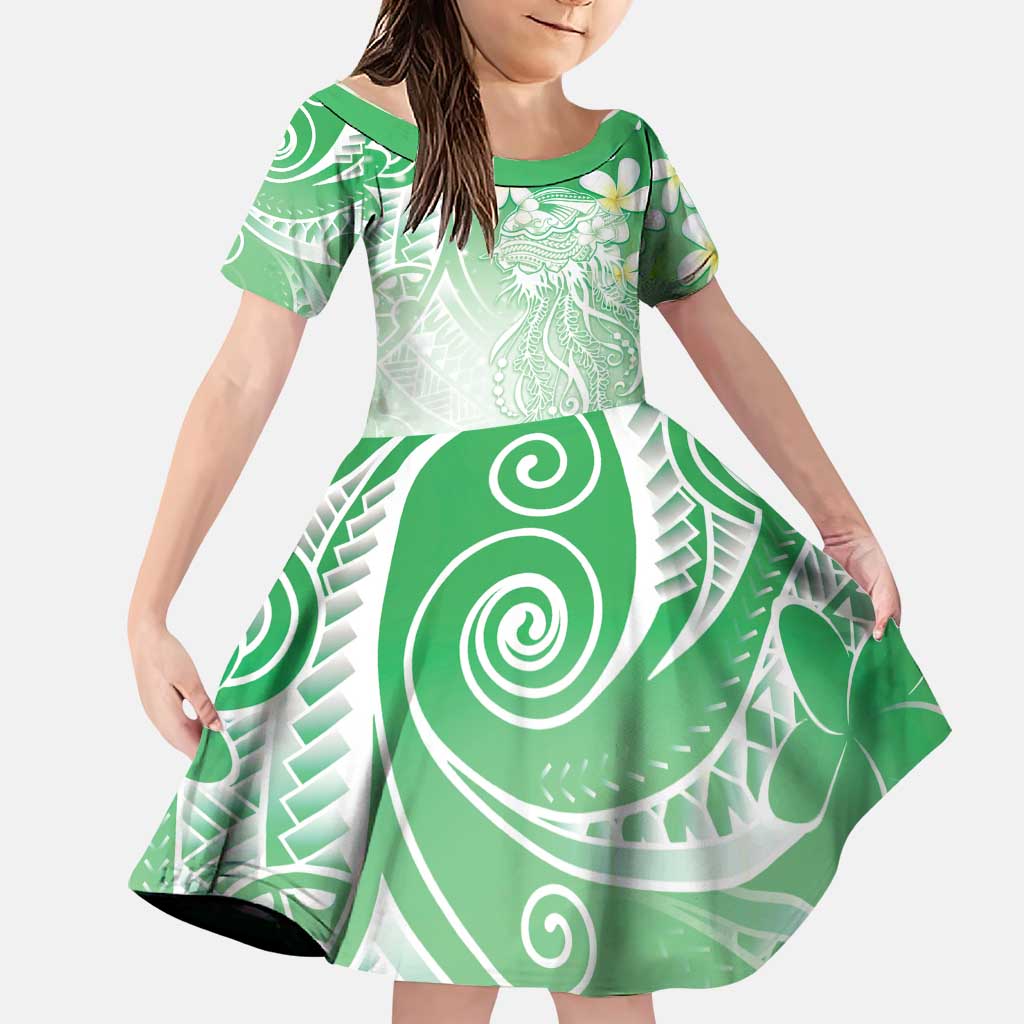 Polynesian Jellyfish Family Matching Short Sleeve Bodycon Dress and Hawaiian Shirt With Plumeria Green