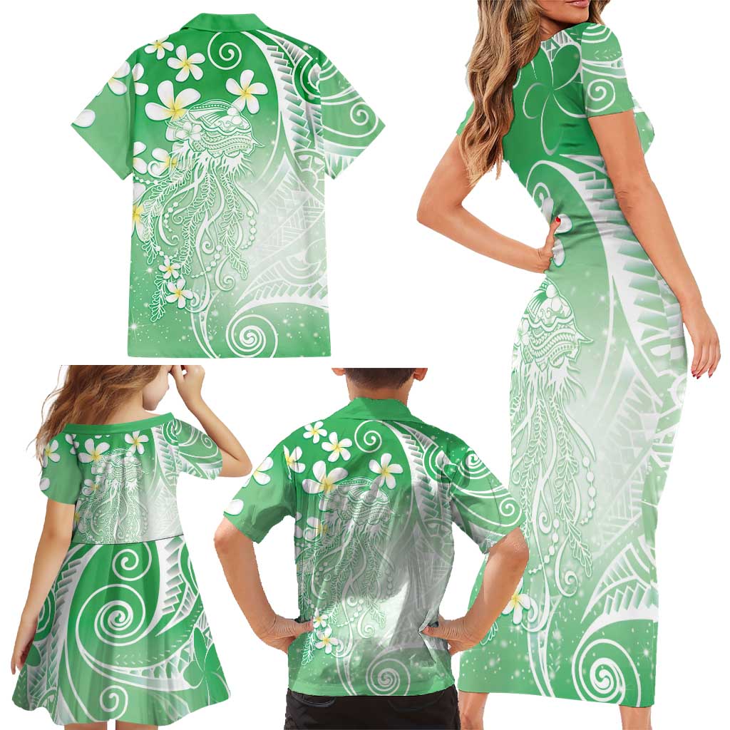Polynesian Jellyfish Family Matching Short Sleeve Bodycon Dress and Hawaiian Shirt With Plumeria Green