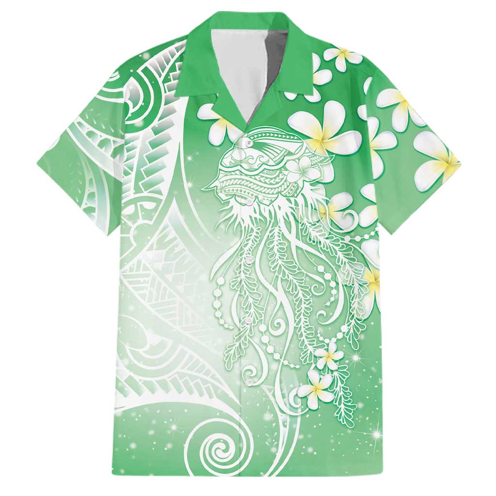 Polynesian Jellyfish Family Matching Short Sleeve Bodycon Dress and Hawaiian Shirt With Plumeria Green