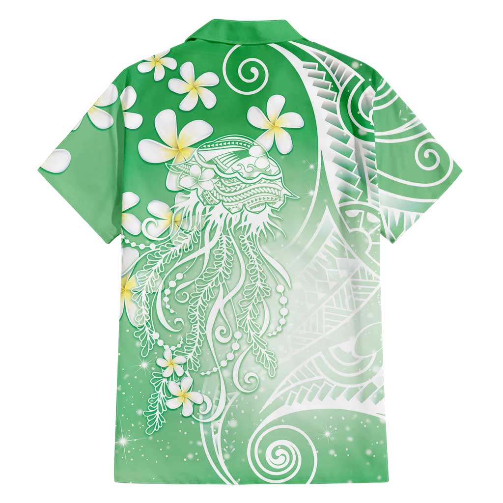 Polynesian Jellyfish Family Matching Short Sleeve Bodycon Dress and Hawaiian Shirt With Plumeria Green
