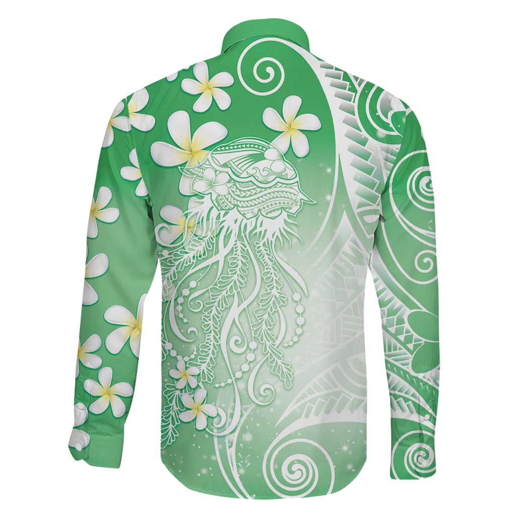 Polynesian Jellyfish Family Matching Short Sleeve Bodycon Dress and Hawaiian Shirt With Plumeria Green