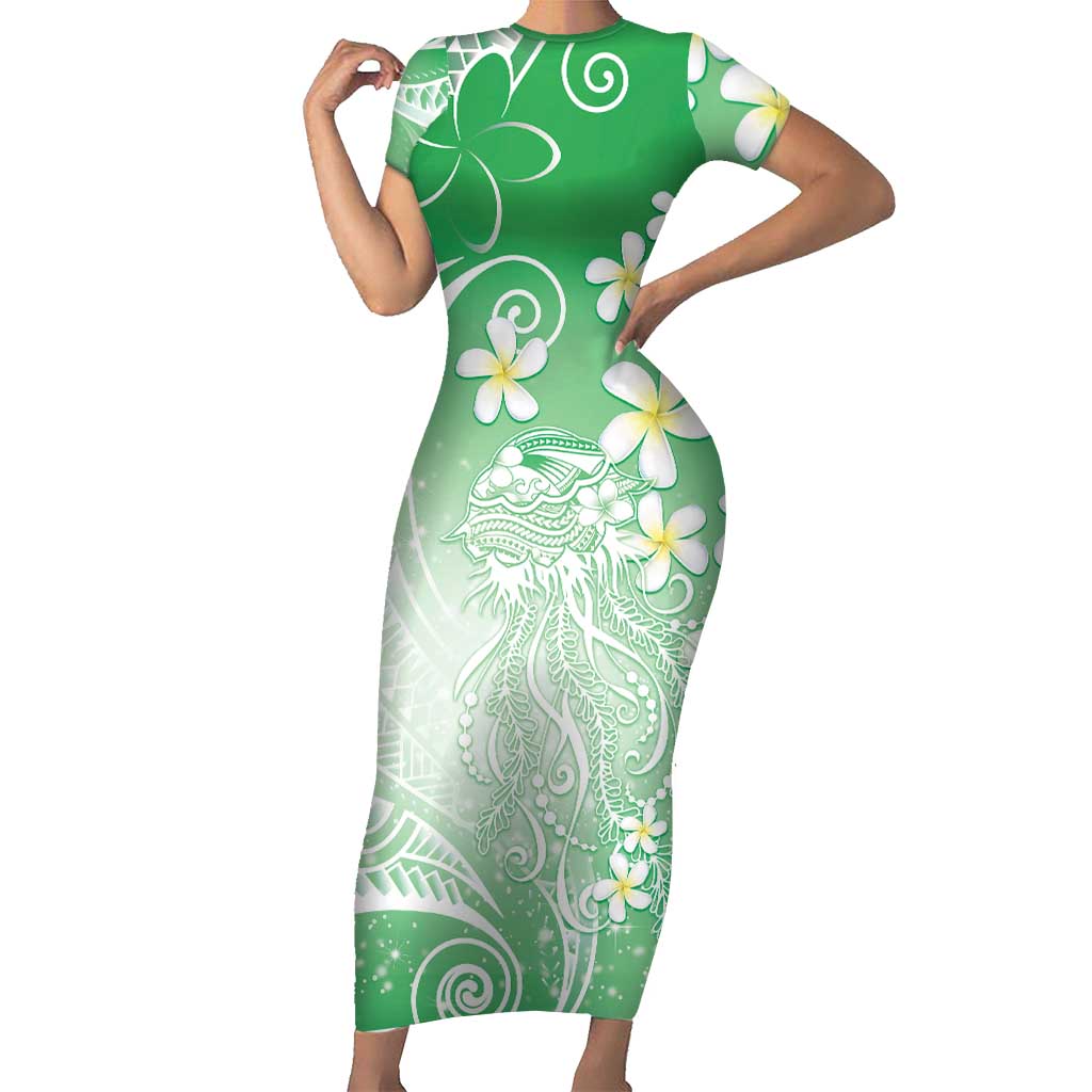 Polynesian Jellyfish Family Matching Short Sleeve Bodycon Dress and Hawaiian Shirt With Plumeria Green