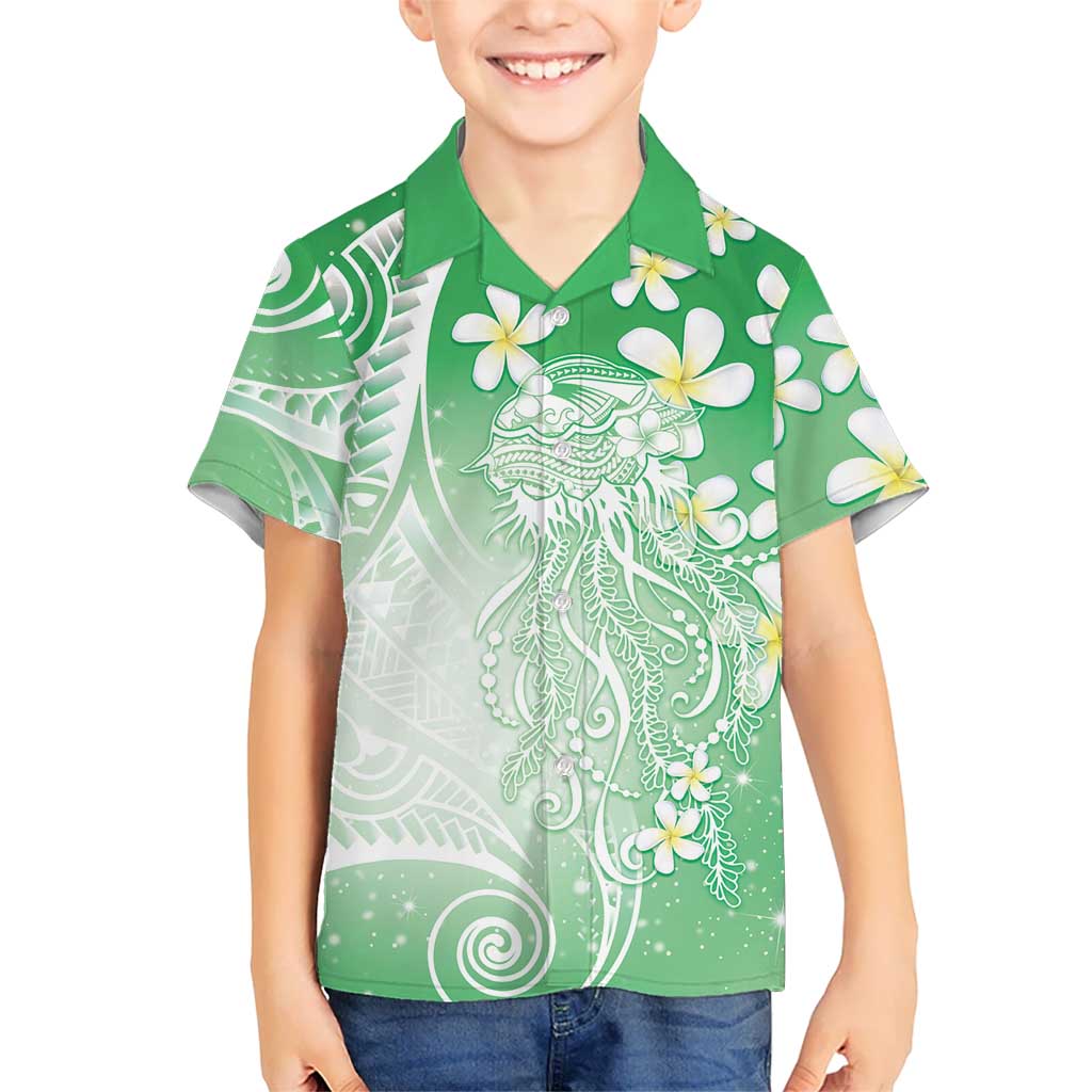 Polynesian Jellyfish Family Matching Short Sleeve Bodycon Dress and Hawaiian Shirt With Plumeria Green