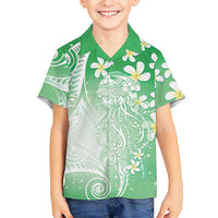 Polynesian Jellyfish Family Matching Short Sleeve Bodycon Dress and Hawaiian Shirt With Plumeria Green