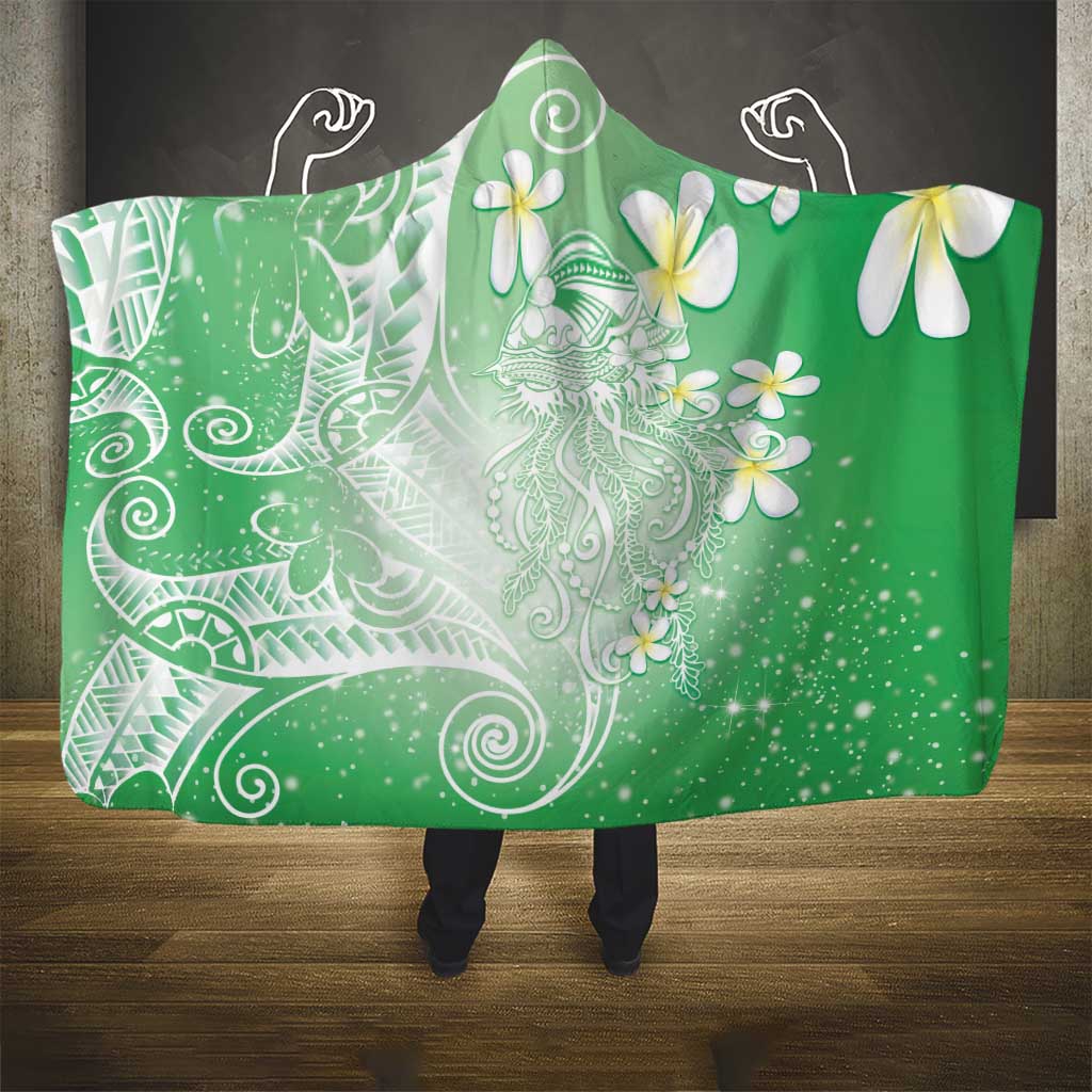 Polynesian Jellyfish Hooded Blanket With Plumeria Green