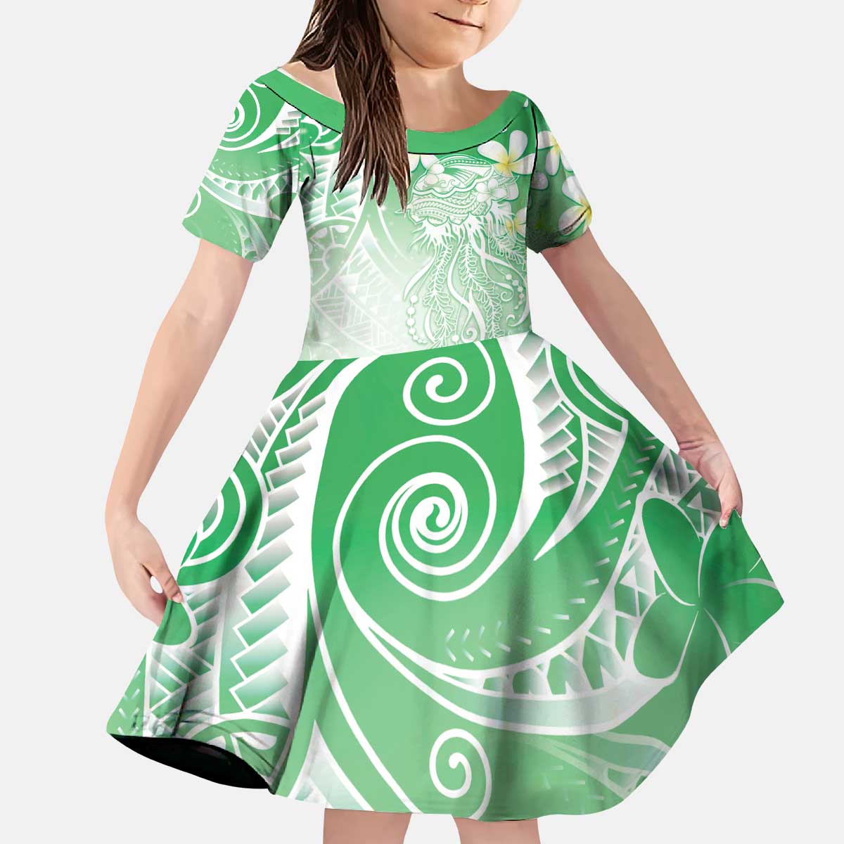 Polynesian Jellyfish Kid Short Sleeve Dress With Plumeria Green