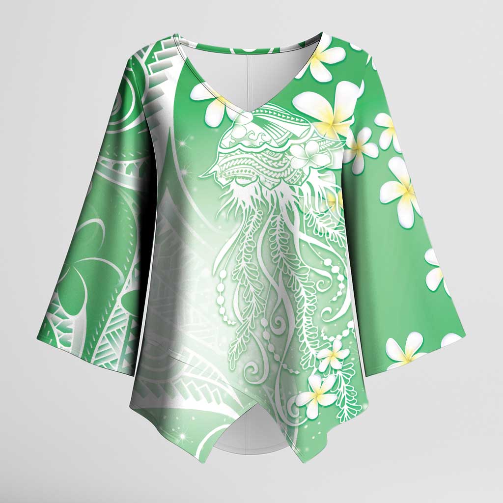 Polynesian Jellyfish Kimono Sleeve Blouse With Plumeria Green