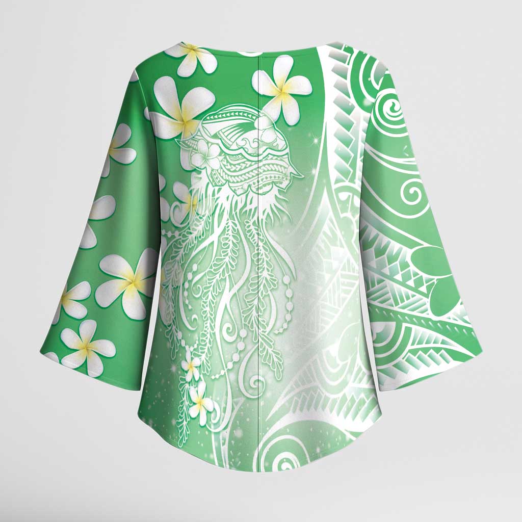 Polynesian Jellyfish Kimono Sleeve Blouse With Plumeria Green