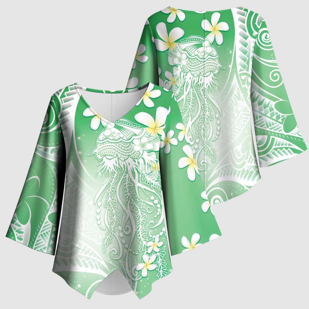 Polynesian Jellyfish Kimono Sleeve Blouse With Plumeria Green