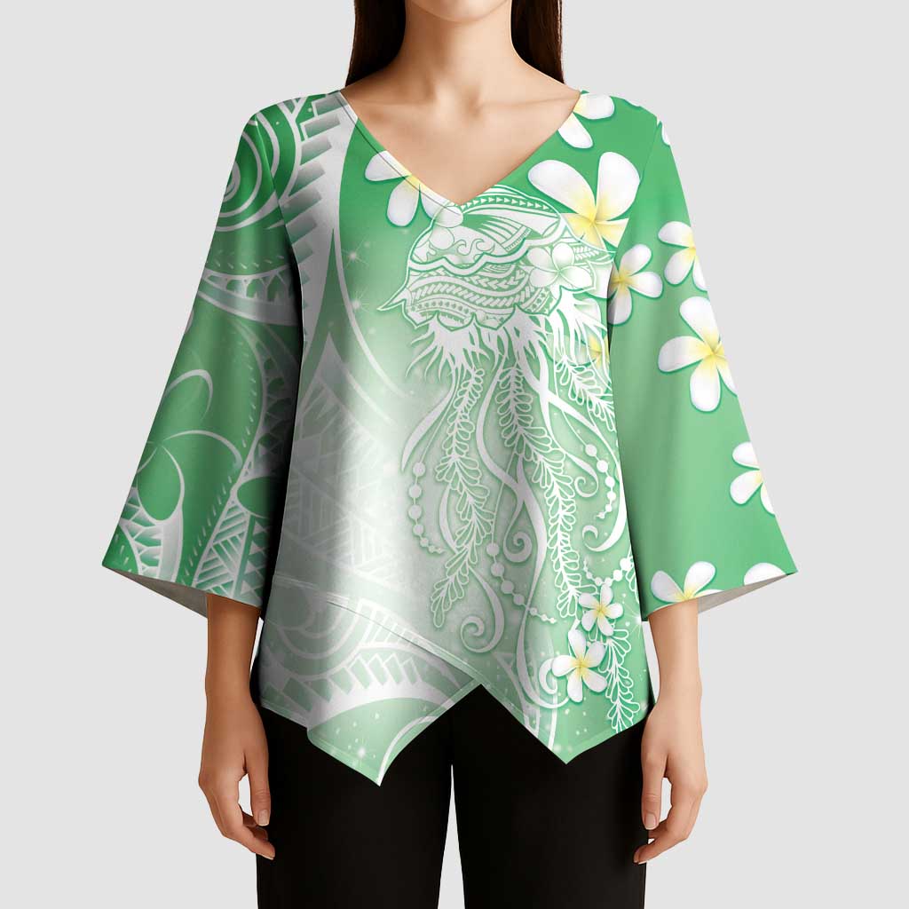 Polynesian Jellyfish Kimono Sleeve Blouse With Plumeria Green