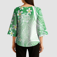 Polynesian Jellyfish Kimono Sleeve Blouse With Plumeria Green