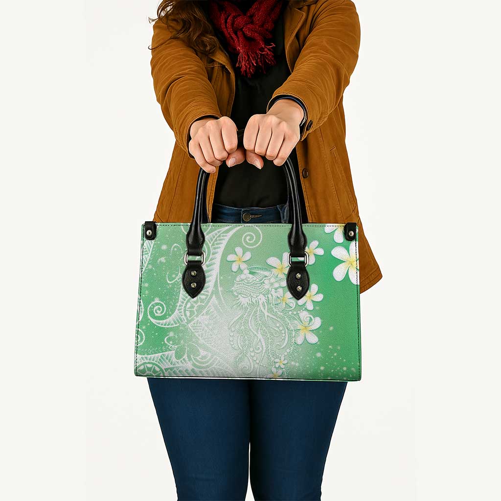 Polynesian Jellyfish Leather Bag With Plumeria Green