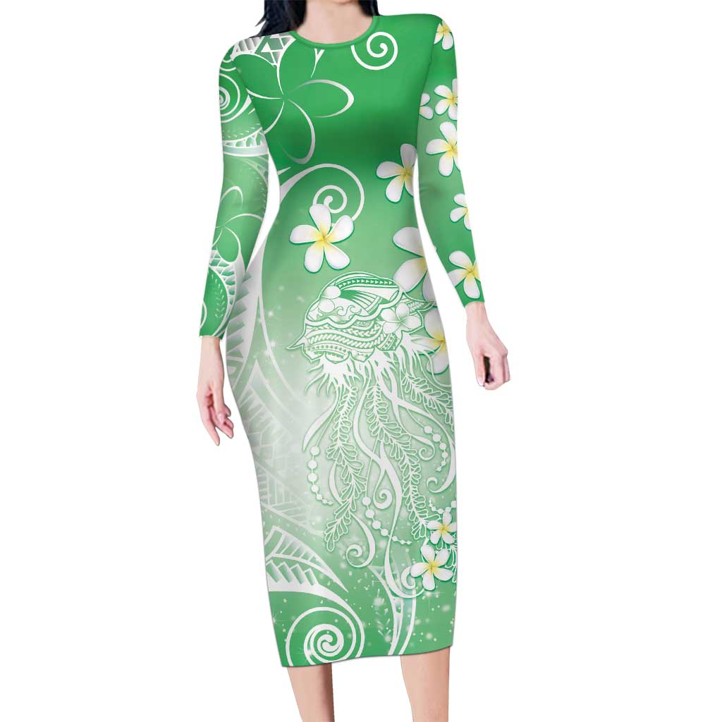 Polynesian Jellyfish Long Sleeve Bodycon Dress With Plumeria Green